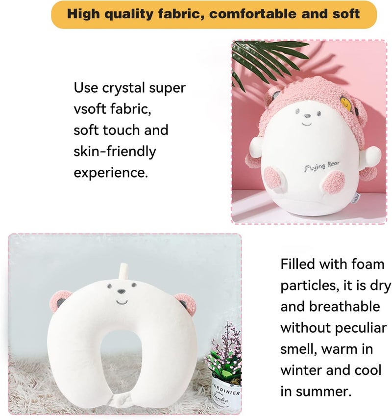 stocaggio Kids Travel Pillow - 2-in-1 Deformable Kids Neck Pillow for Traveling, Soft U-Shaped Pillow with Adorable Animal Design, Comfy Sleep and Play, Ideal for Airplanes and Cars - Pink Bear - Image 4